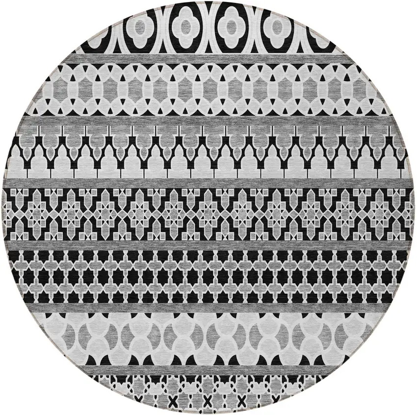 8' Black Gray And Ivory Round Quatrefoil Washable Indoor Outdoor Area Rug Photo 5
