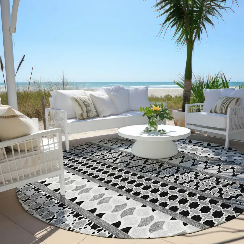8' Black Gray And Ivory Round Quatrefoil Washable Indoor Outdoor Area Rug Photo 6