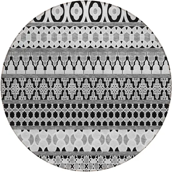 8' Black Gray And Ivory Round Quatrefoil Washable Indoor Outdoor Area Rug Photo 1