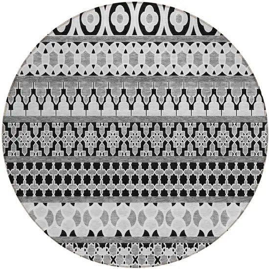 8' Black Gray And Ivory Round Quatrefoil Washable Indoor Outdoor Area Rug Photo 1