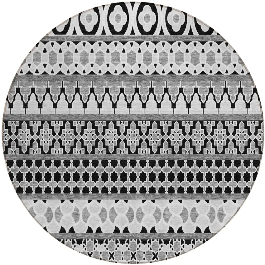 8' Black Gray And Ivory Round Quatrefoil Washable Indoor Outdoor Area Rug Photo 1