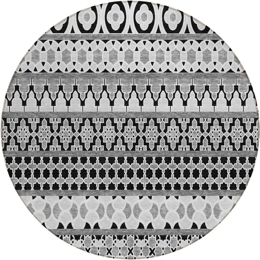 8' Black Gray And Ivory Round Quatrefoil Washable Indoor Outdoor Area Rug Photo 1