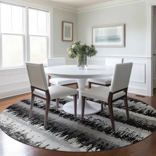 8' Black Gray And Ivory Round Striped Washable Indoor Outdoor Area Rug Photo 7