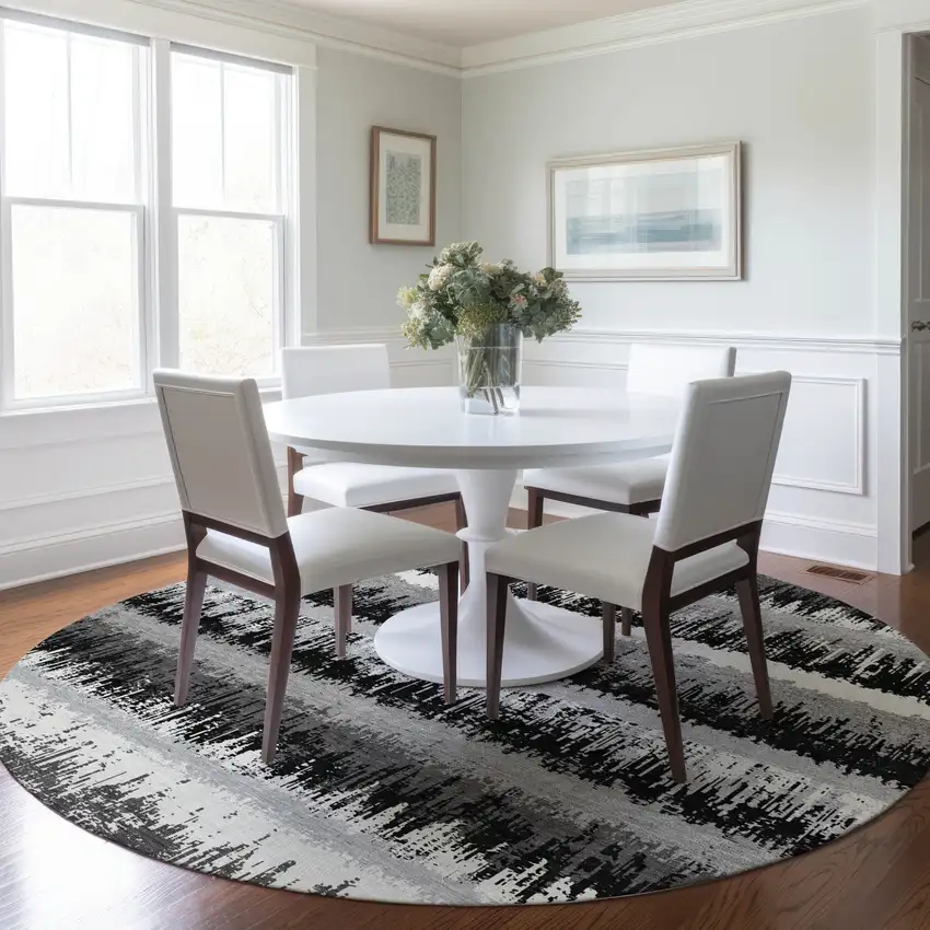 8' Black Gray And Ivory Round Striped Washable Indoor Outdoor Area Rug Photo 7