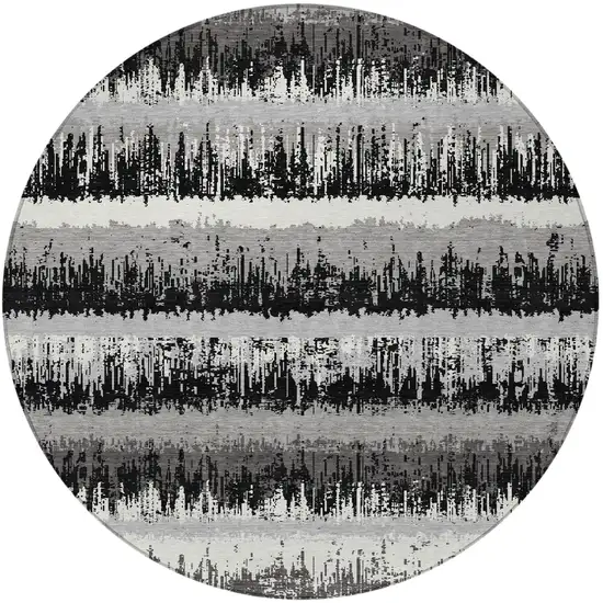 8' Black Gray And Ivory Round Striped Washable Indoor Outdoor Area Rug Photo 5