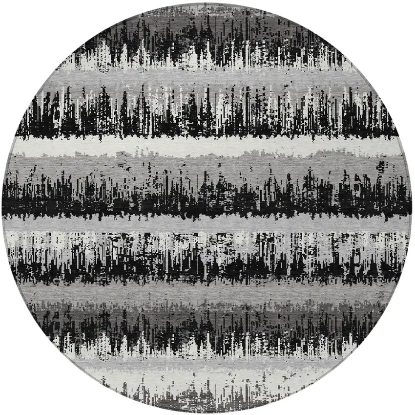 8' Black Gray And Ivory Round Striped Washable Indoor Outdoor Area Rug Photo 5
