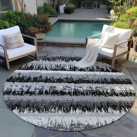 8' Black Gray And Ivory Round Striped Washable Indoor Outdoor Area Rug Photo 6