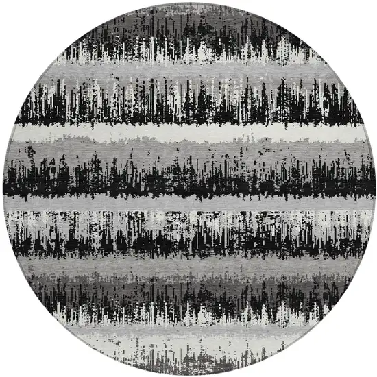 8' Black Gray And Ivory Round Striped Washable Indoor Outdoor Area Rug Photo 2