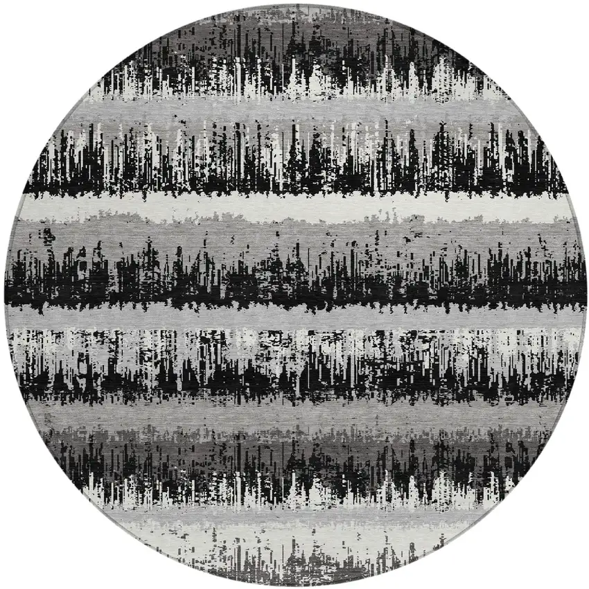 8' Black Gray And Ivory Round Striped Washable Indoor Outdoor Area Rug Photo 2