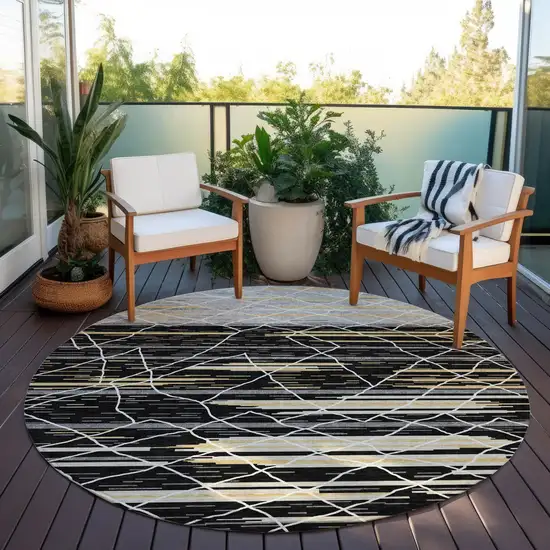 8' Black Gray And Ivory Round Striped Washable Indoor Outdoor Area Rug Photo 7