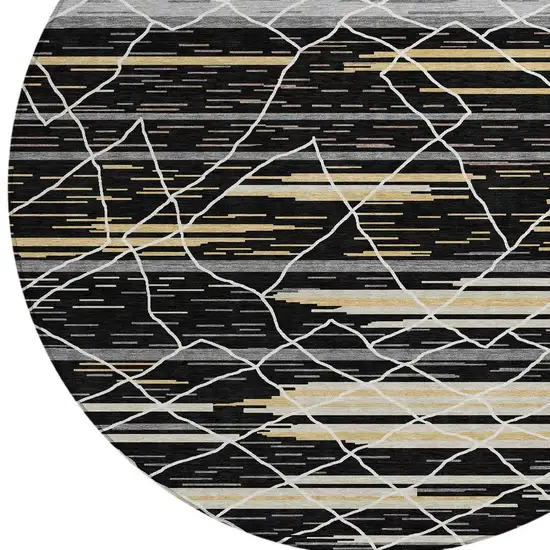 8' Black Gray And Ivory Round Striped Washable Indoor Outdoor Area Rug Photo 5