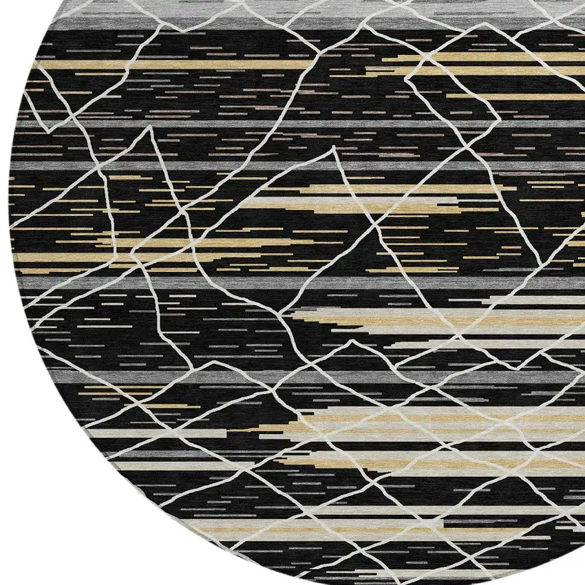 8' Black Gray And Ivory Round Striped Washable Indoor Outdoor Area Rug Photo 5