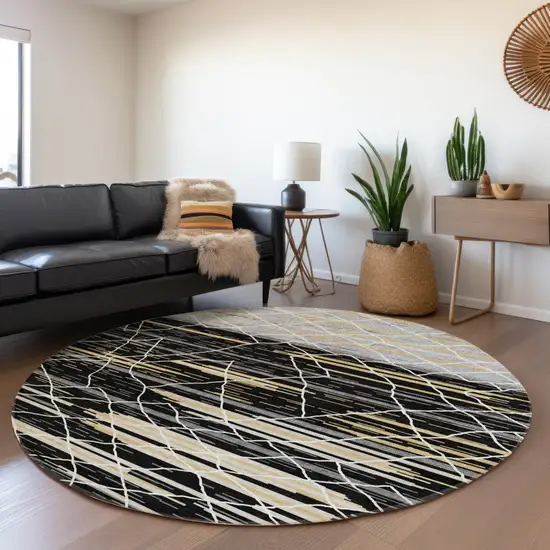 8' Black Gray And Ivory Round Striped Washable Indoor Outdoor Area Rug Photo 8