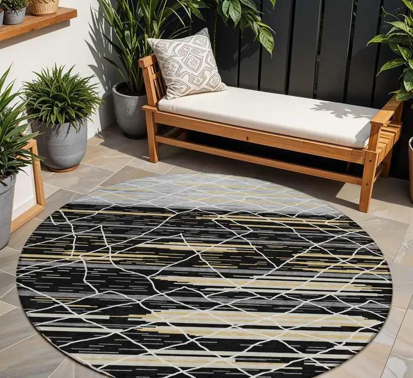 8' Black Gray And Ivory Round Striped Washable Indoor Outdoor Area Rug Photo 1