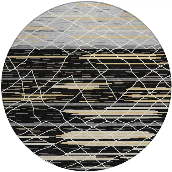 8' Black Gray And Ivory Round Striped Washable Indoor Outdoor Area Rug Photo 2
