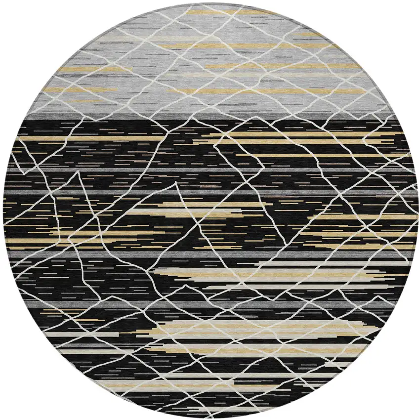 8' Black Gray And Ivory Round Striped Washable Indoor Outdoor Area Rug Photo 2