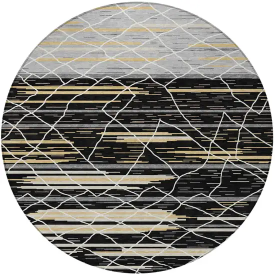 8' Black Gray And Ivory Round Striped Washable Indoor Outdoor Area Rug Photo 6