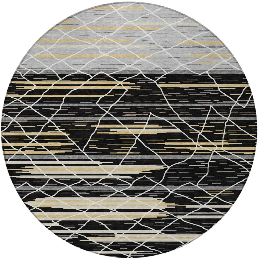 8' Black Gray And Ivory Round Striped Washable Indoor Outdoor Area Rug Photo 6