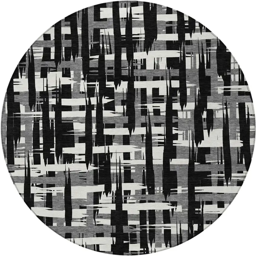 8' Black Gray And Ivory Round Striped Washable Indoor Outdoor Area Rug Photo 3