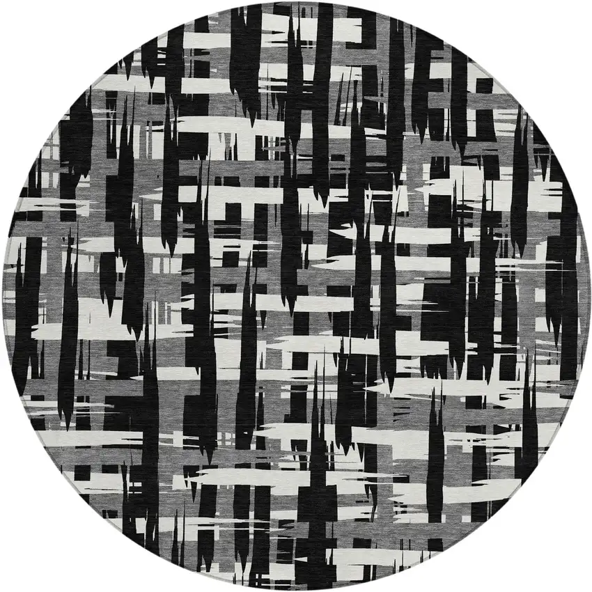 8' Black Gray And Ivory Round Striped Washable Indoor Outdoor Area Rug Photo 1