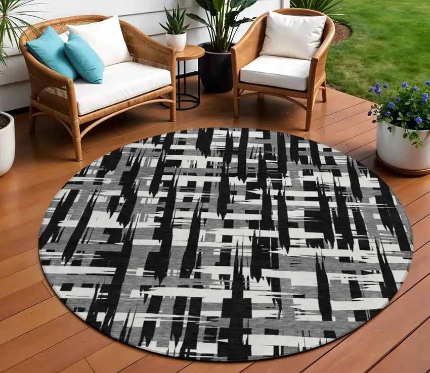 8' Black Gray And Ivory Round Striped Washable Indoor Outdoor Area Rug Photo 2
