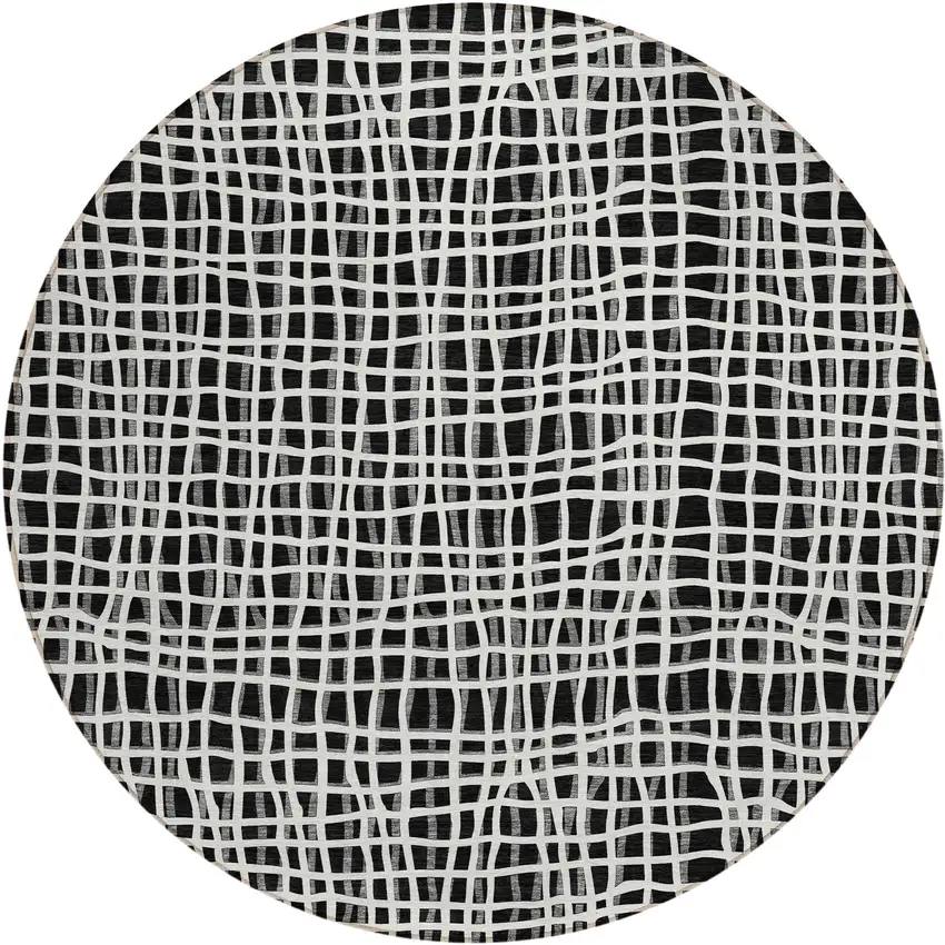 8' Black Gray And Ivory Round Striped Washable Indoor Outdoor Area Rug Photo 2