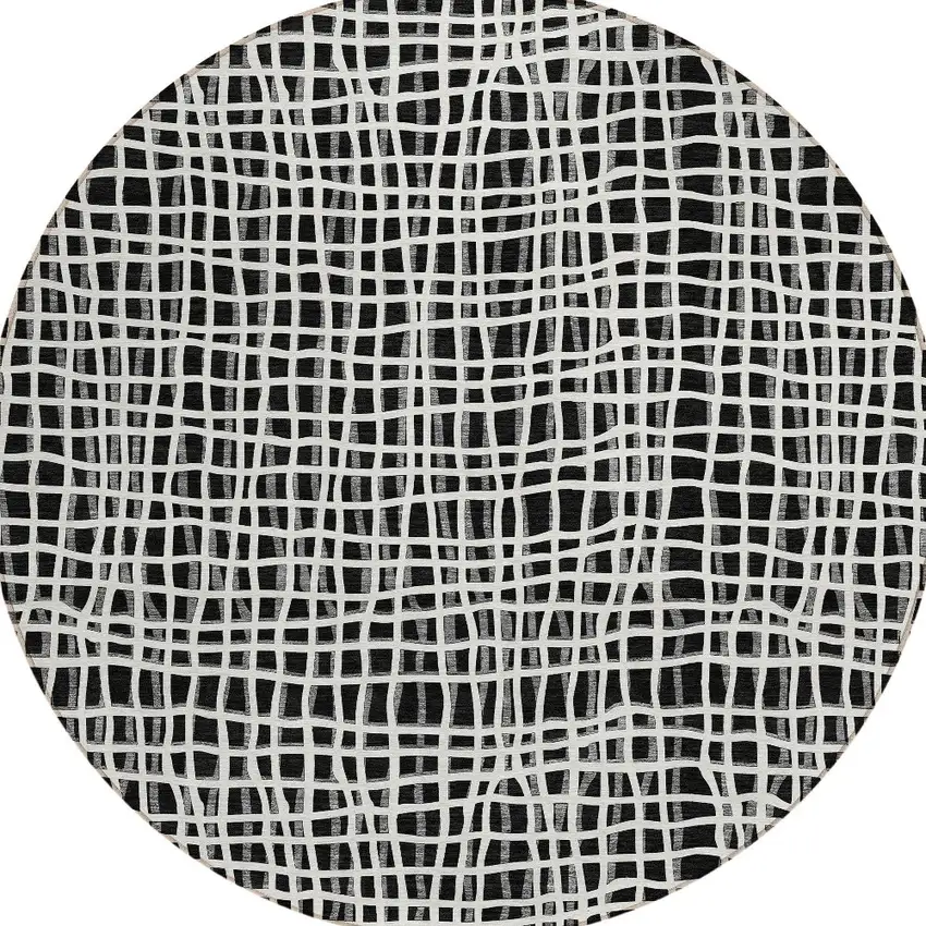 8' Black Gray And Ivory Round Striped Washable Indoor Outdoor Area Rug Photo 7