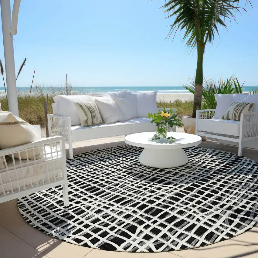 8' Black Gray And Ivory Round Striped Washable Indoor Outdoor Area Rug Photo 8