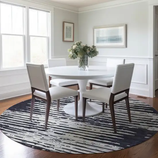 8' Black Gray And Ivory Round Striped Washable Indoor Outdoor Area Rug Photo 7
