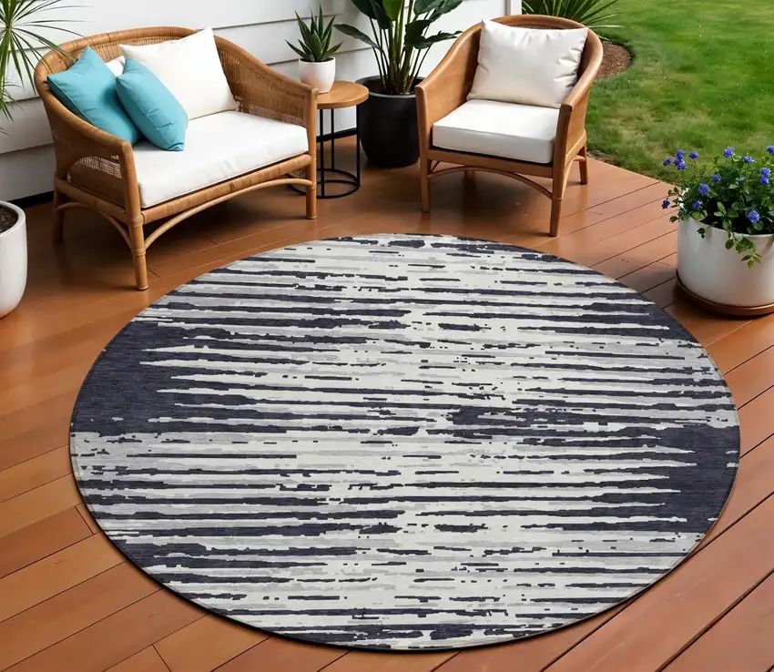 8' Black Gray And Ivory Round Striped Washable Indoor Outdoor Area Rug Photo 1