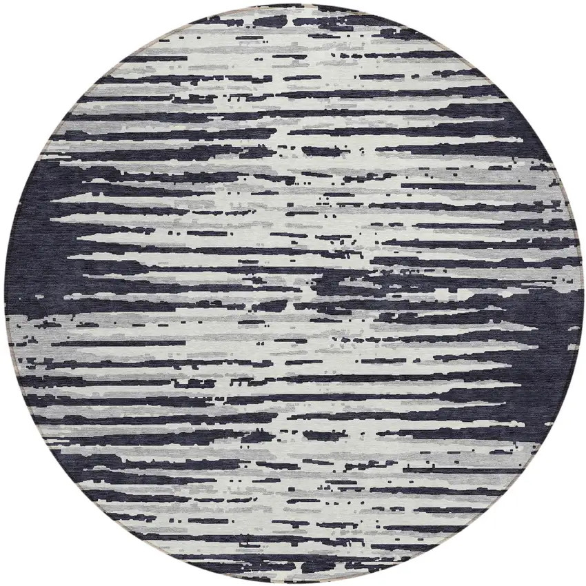8' Black Gray And Ivory Round Striped Washable Indoor Outdoor Area Rug Photo 2