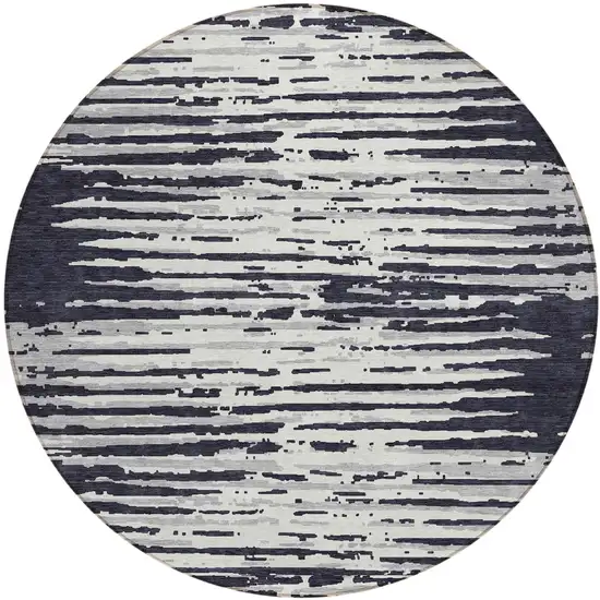 8' Black Gray And Ivory Round Striped Washable Indoor Outdoor Area Rug Photo 2