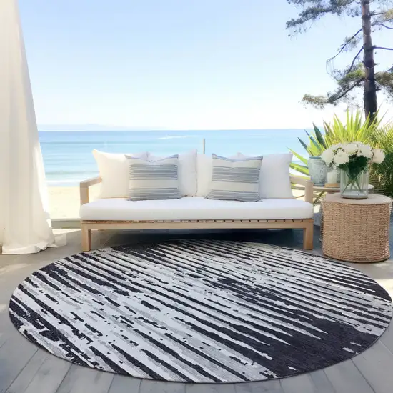 8' Black Gray And Ivory Round Striped Washable Indoor Outdoor Area Rug Photo 6