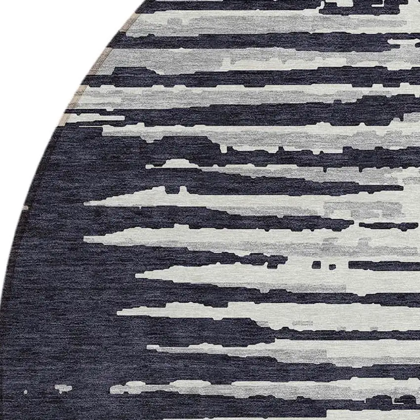 8' Black Gray And Ivory Round Striped Washable Indoor Outdoor Area Rug Photo 5