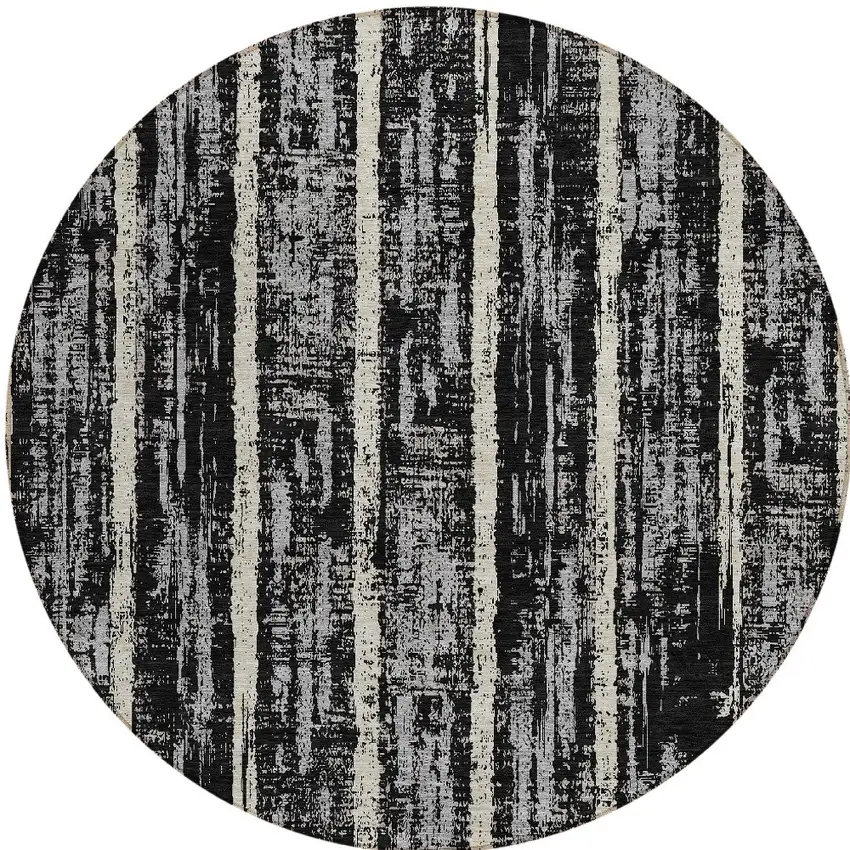 8' Black Gray And Ivory Round Striped Washable Indoor Outdoor Area Rug Photo 5