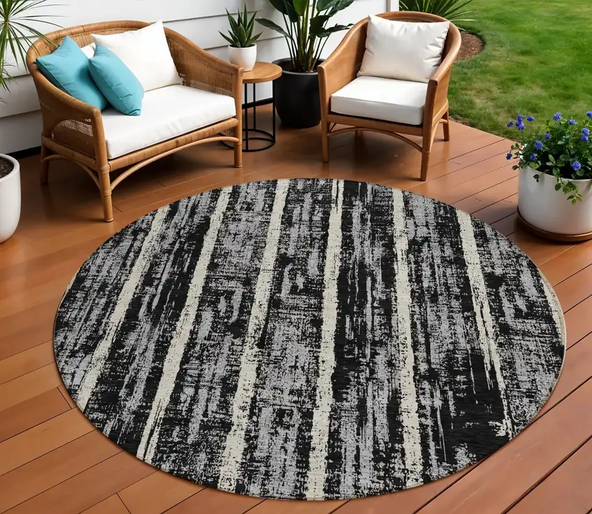 8' Black Gray And Ivory Round Striped Washable Indoor Outdoor Area Rug Photo 1