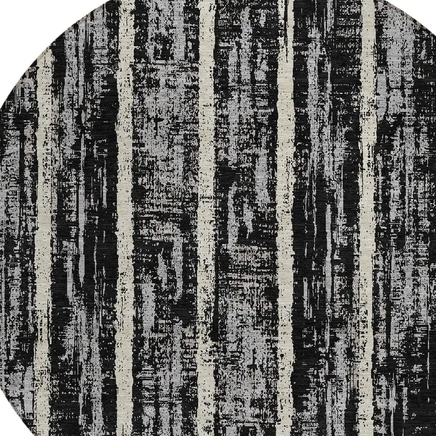 8' Black Gray And Ivory Round Striped Washable Indoor Outdoor Area Rug Photo 4