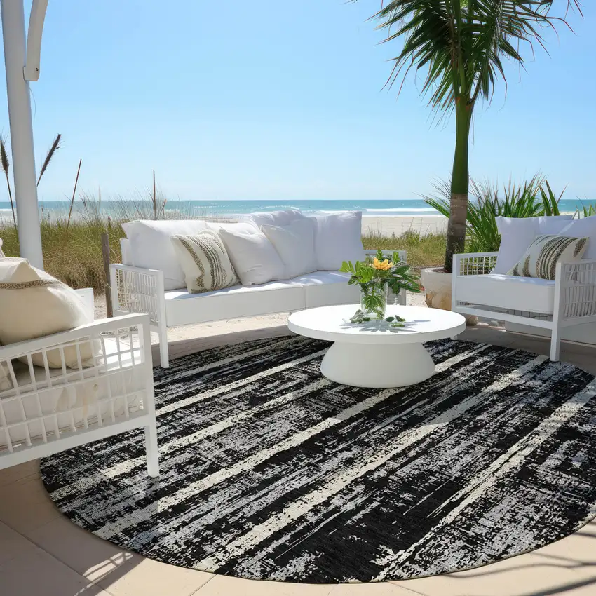 8' Black Gray And Ivory Round Striped Washable Indoor Outdoor Area Rug Photo 6