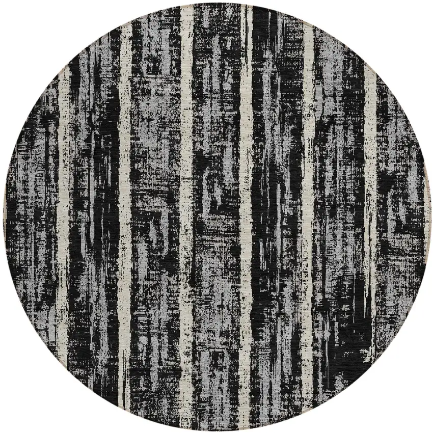 8' Black Gray And Ivory Round Striped Washable Indoor Outdoor Area Rug Photo 2