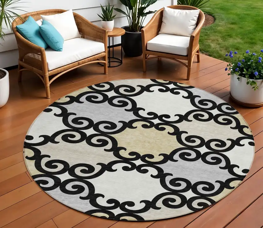 8' Black Gray And Ivory Round Trellis Washable Indoor Outdoor Area Rug Photo 8