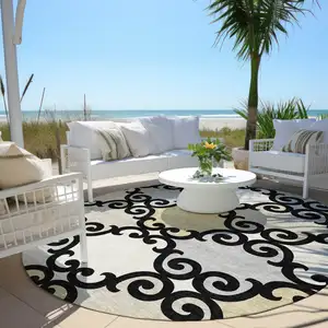Photo of 8' Black Gray And Ivory Round Trellis Washable Indoor Outdoor Area Rug