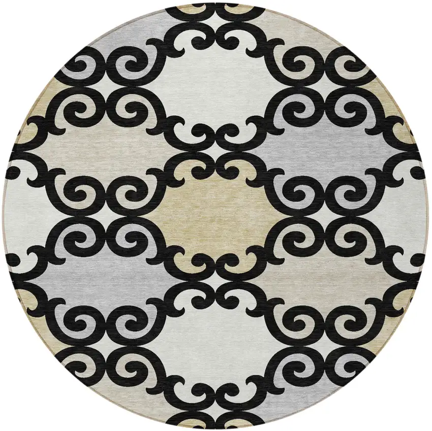 8' Black Gray And Ivory Round Trellis Washable Indoor Outdoor Area Rug Photo 3