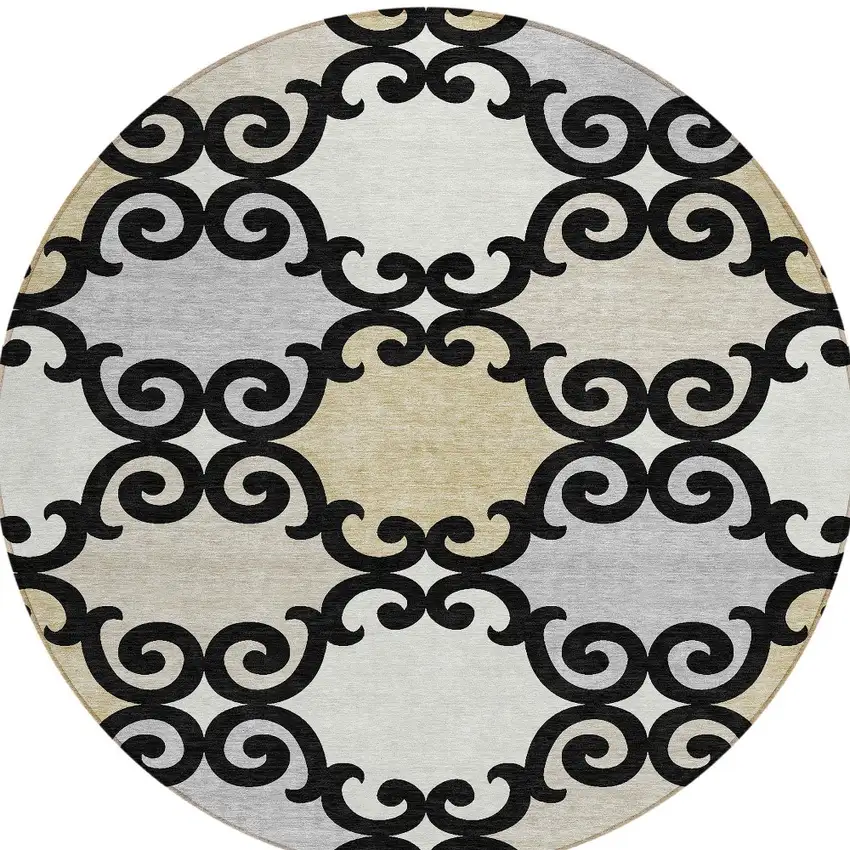 8' Black Gray And Ivory Round Trellis Washable Indoor Outdoor Area Rug Photo 2