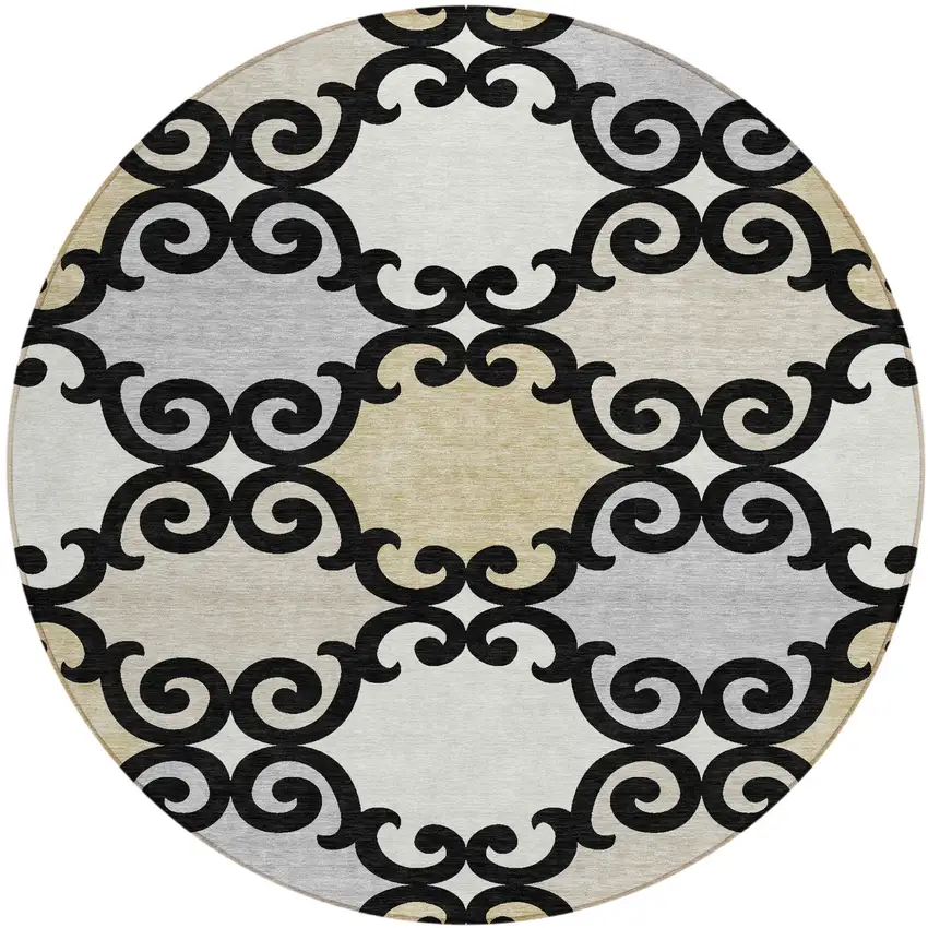 8' Black Gray And Ivory Round Trellis Washable Indoor Outdoor Area Rug Photo 1