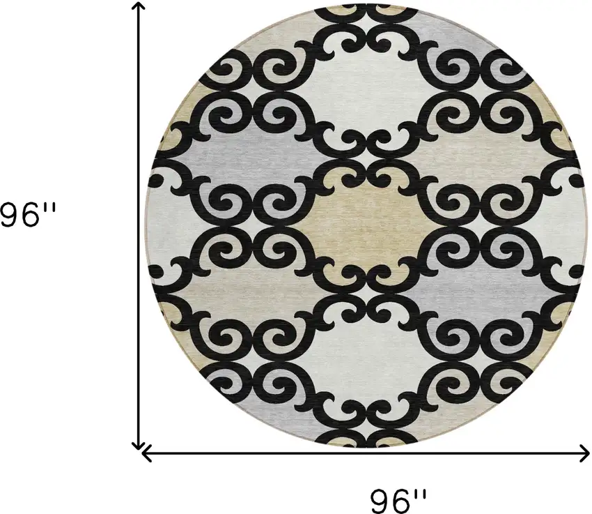 8' Black Gray And Ivory Round Trellis Washable Indoor Outdoor Area Rug Photo 6