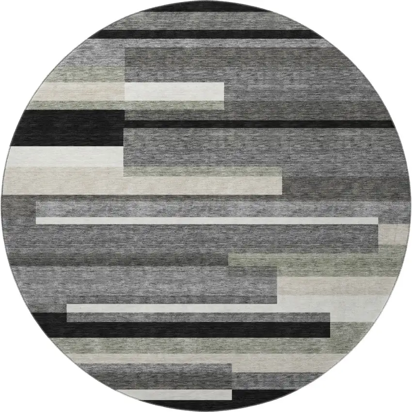 8' Black Gray And Ivory Striped Washable Round Rug With UV Protection Photo 4