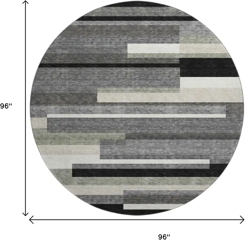 8' Black Gray And Ivory Striped Washable Round Rug With UV Protection Photo 3