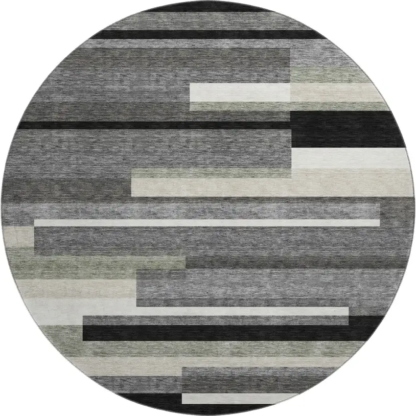 8' Black Gray And Ivory Striped Washable Round Rug With UV Protection Photo 1