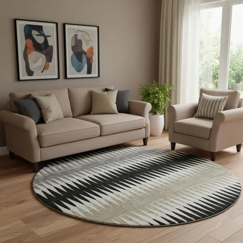8' Black Gray And Ivory Striped Washable Round Rug With UV Protection Photo 1