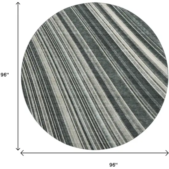 8' Black Gray And Ivory Striped Washable Round Rug With UV Protection Photo 8